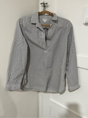 Woman’s J. Crew Black and White Striped Collared Pull-Over Shirt